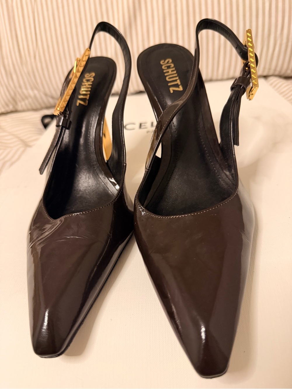SCHUTZ Dark Brown Patent Leather Pointed Slingback Heels with Gold Buckle